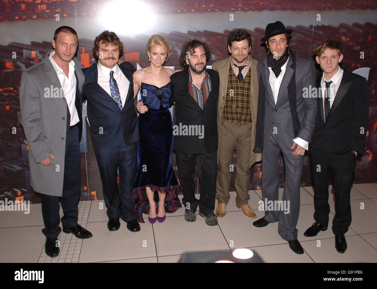 Cast members (left to right) Thomas Kretschmann, Jack Black, Naomi Watts, Peter Jackson (Director), Andy Serkis, Adrien Brody and Jamie Bell arrive for the UK film premiere of 'King Kong', at the Odeon Cinema, Leicester Square, central London, Thursday 8 December 2005. See PA story SHOWBIZ Kong. PRESS ASSOCIATION Photo. Photo credit should read: Ian West/PA Stock Photo