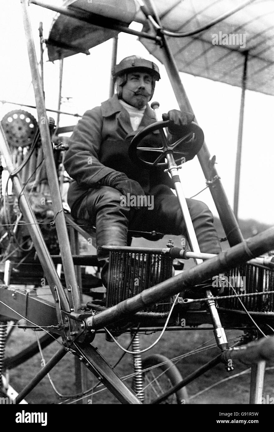 American aviator and pioneer of manned flight, Samuel F Cody, seated in British Army Aeroplane No.1 during testing. Stock Photo