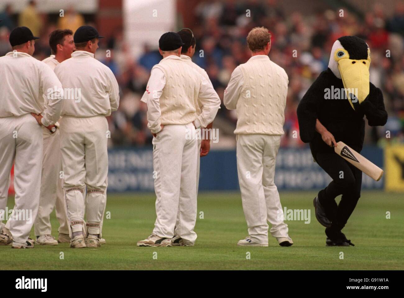 The England players watch a fan dressed in a Pingu outfit steal a bat and run on to the crease at Old Trafford Stock Photo