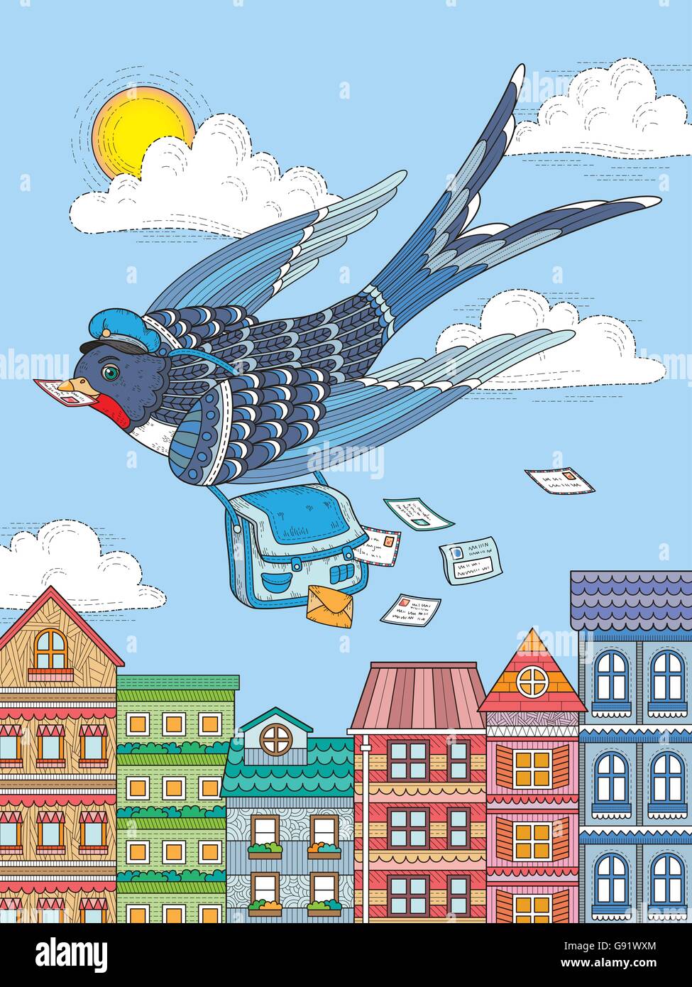 adult coloring page - swallow mailman flying through city Stock Vector