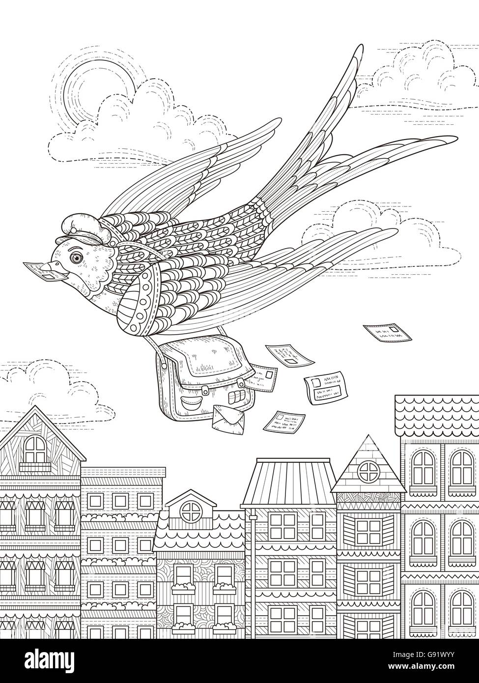 adult coloring page - swallow mailman flying through city Stock Vector