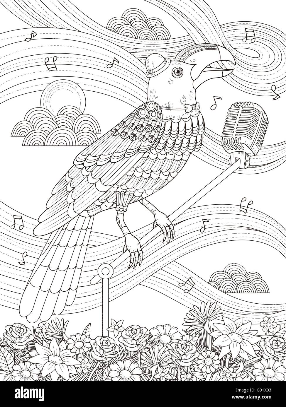 Premium Vector  Tucan and flower coloring page for adults