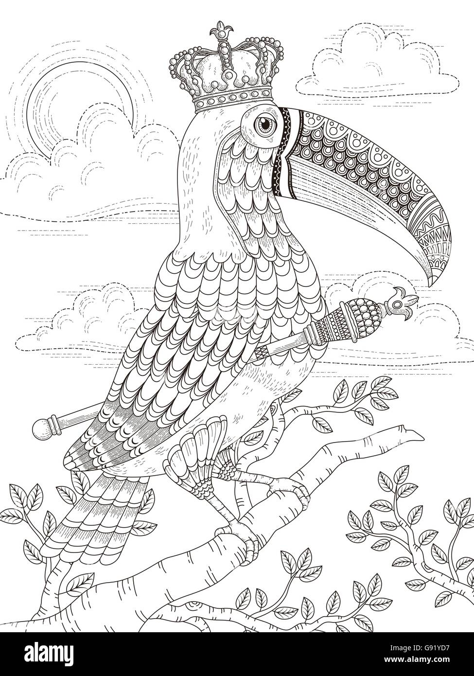 adult coloring page with solemn king toucan Stock Vector