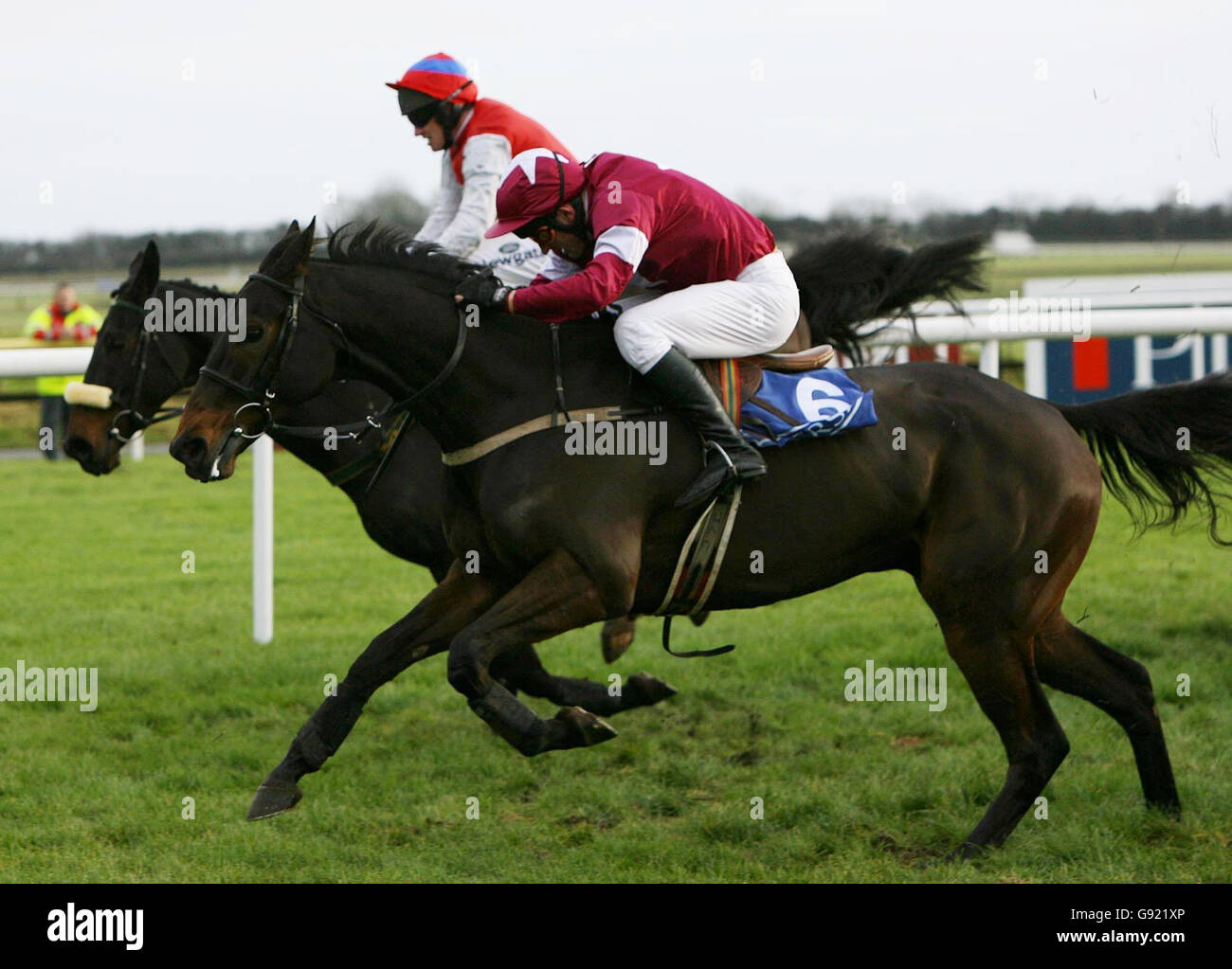 Kill Devil Hill ridden by jockey John Cullen wins ahead of Father Matt ridden by jockey Paul Carberry (behind) in the Pierse Group Drinmore Novice Chase at Fairyhouse racecourse, Sunday December 4, 2005. PRESS ASSOCIATION Photo. Photo credit should read: Julien Behal/PA. Stock Photo