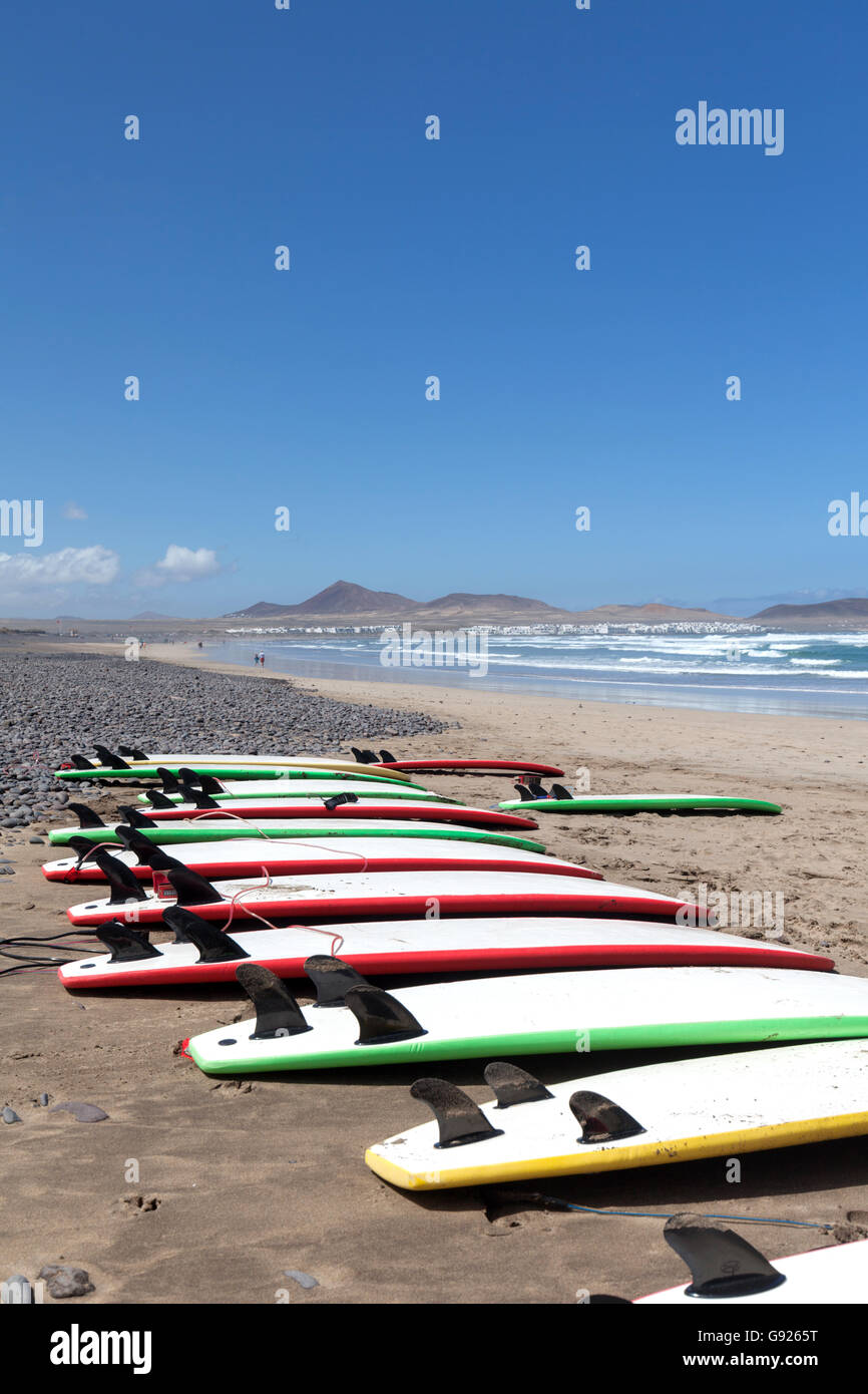 Surf boards lined up on the beach Playa de Famara lanzarote Stock Photo