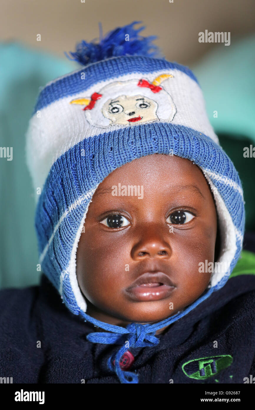 Close up of a young child's face, 10 month old baby boy, Rwanda, Africa Stock Photo