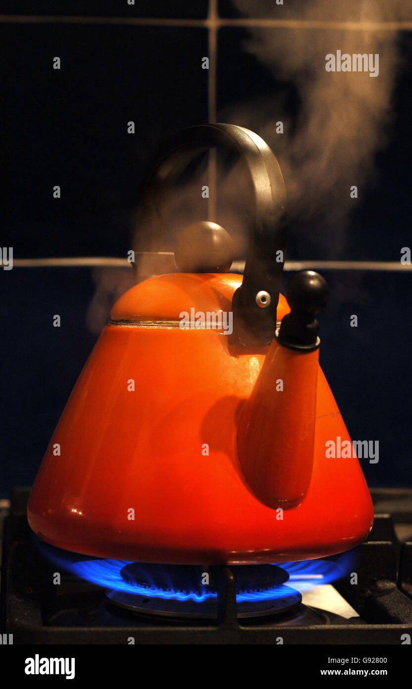 A kettle boils on a gas hob as British government ministers continue to monitor the fallout