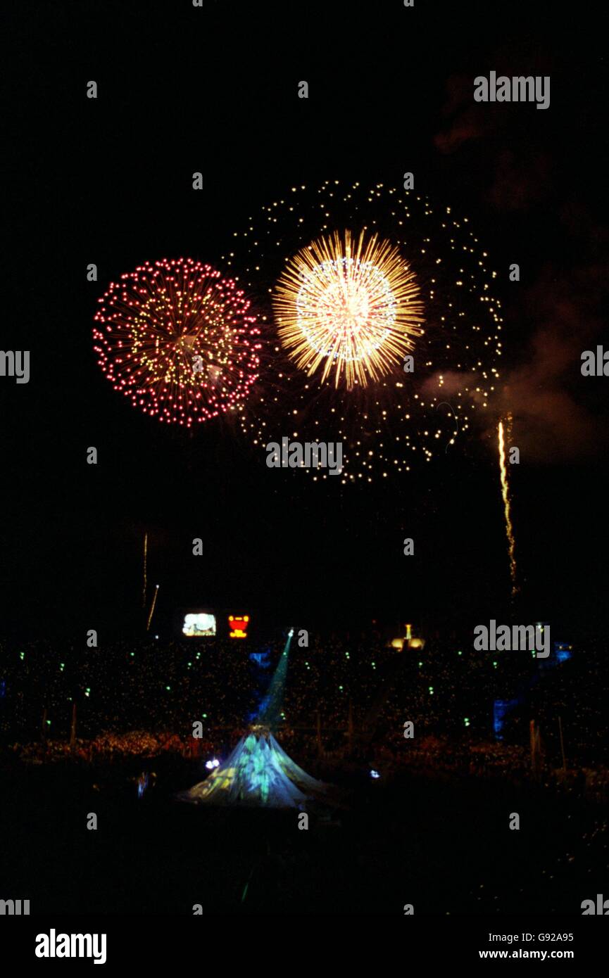 Winter Olympics - Nagano 1998 - Closing Ceremony. Fireworks explode in the night sky as the Winter Olympic Games draw to a close Stock Photo