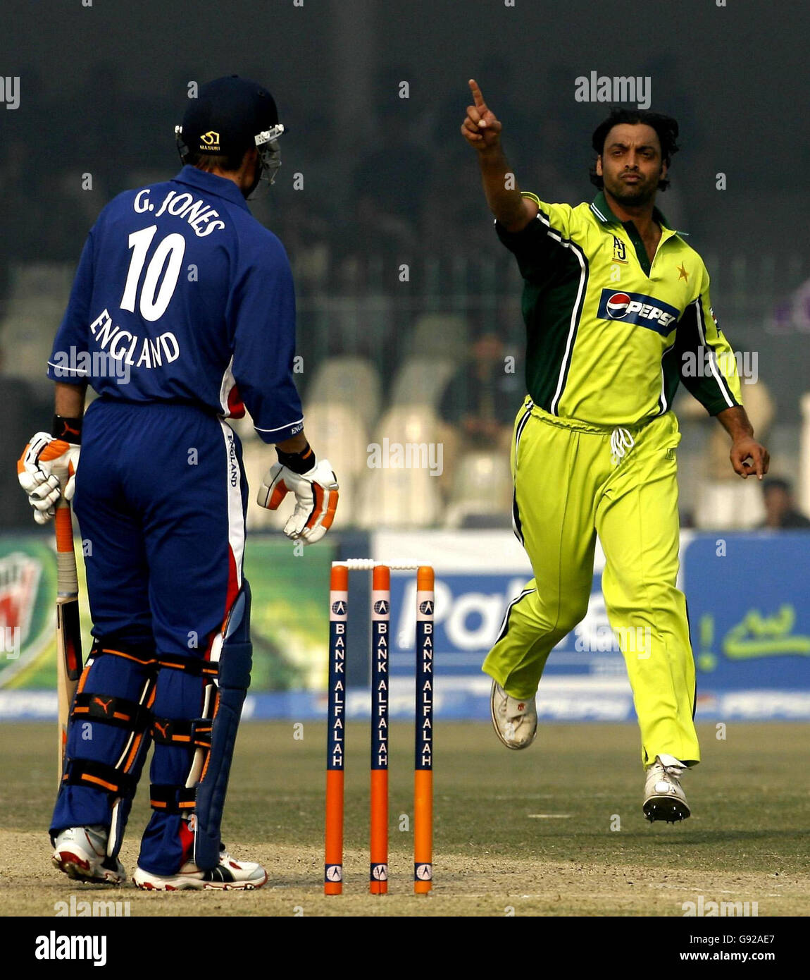 Pakistan's Shoaib Akhtar celebrates taking the wicket of England's