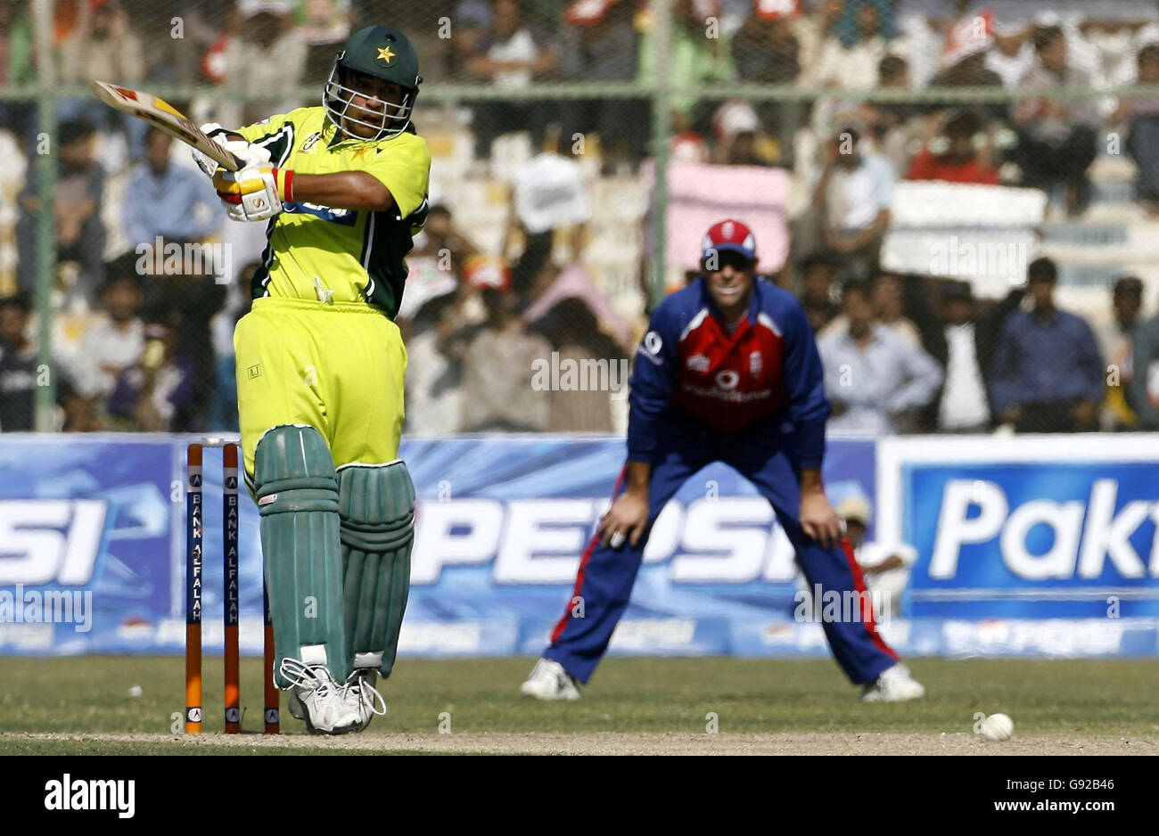 Pakistan's Salman Butt swings out at a delivery from England's Steve