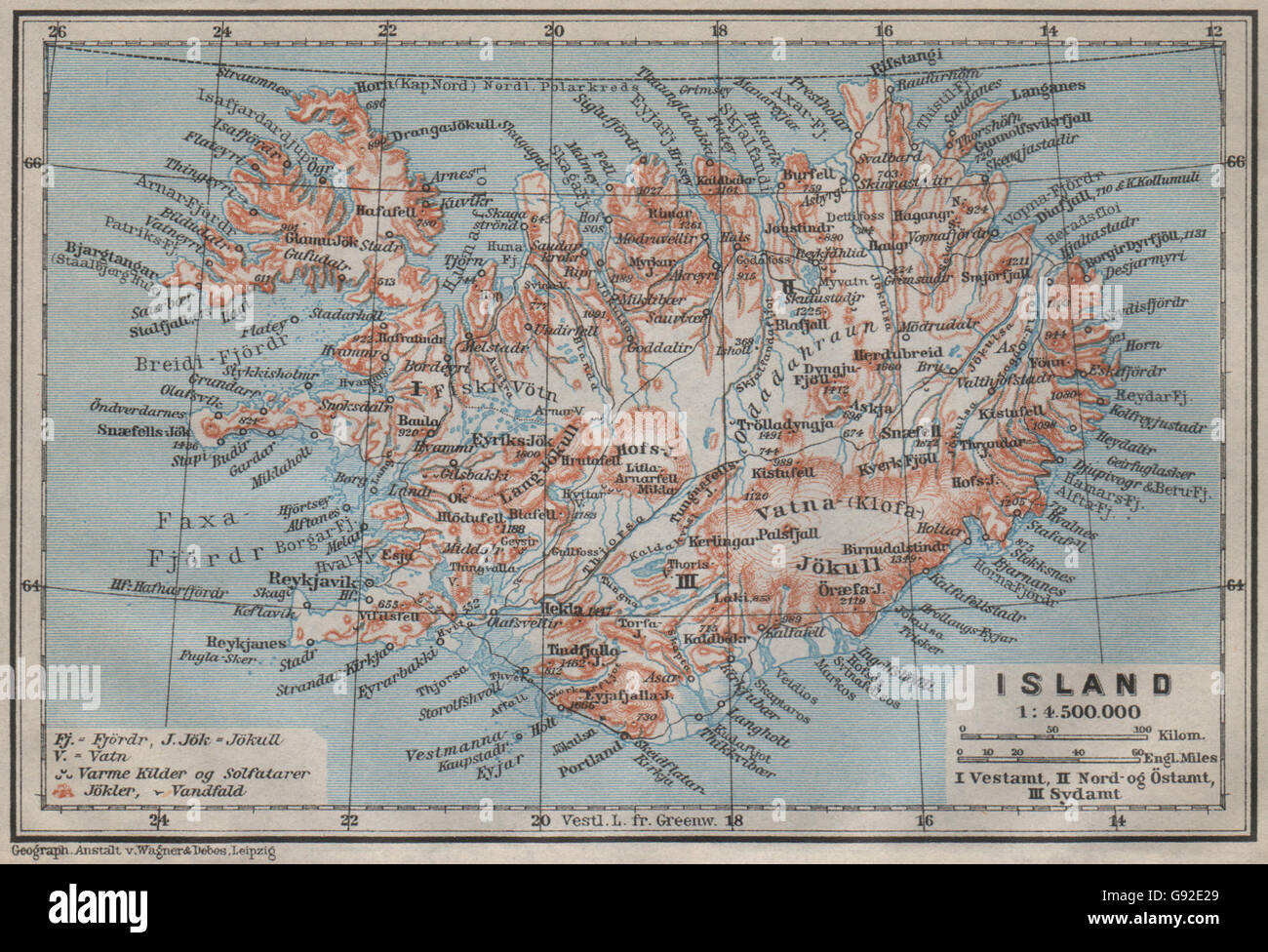 ICELAND/Island. Reykjavik. Topo-map kort. BAEDEKER, 1912 Stock Photo