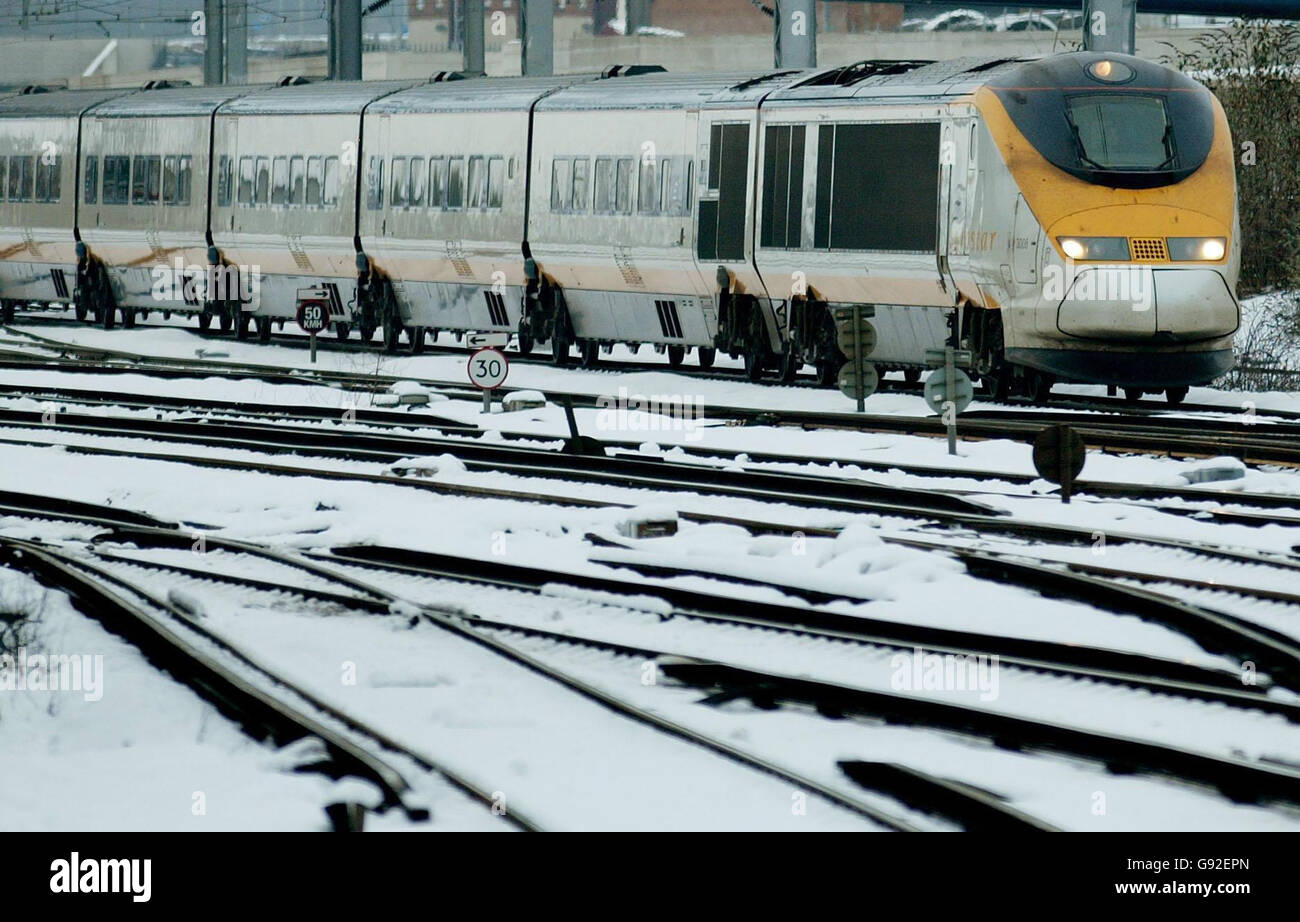 The Eurostar arrives from London, Thursday December 29, 2005, as rail services from Ashford in Kent are disrupted after a night of freezing temperatures across the south-east of England. Temperatures plunged as low as -11 degrees Celsius last night, making December the coldest since 1996. See PA story WEATHER Snow. PRESS ASSOCIATION Photo. Photo credit should read: Gareth Fuller/PA. Stock Photo