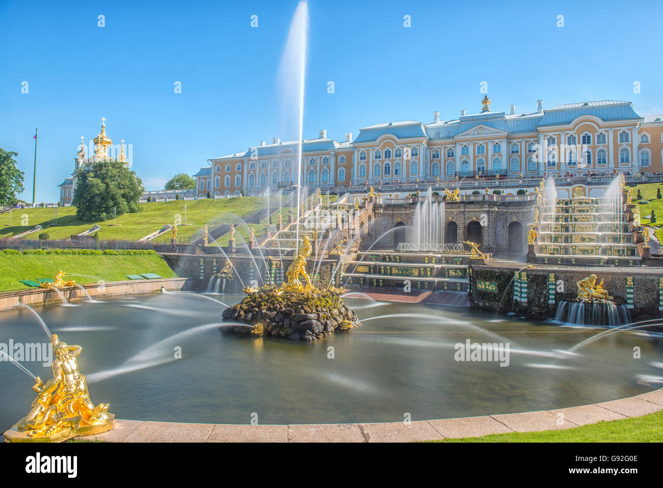 Peterhof, Russia, king's palace and fountain grand cascade, surroundings of St. Petersburg. Stock Photo