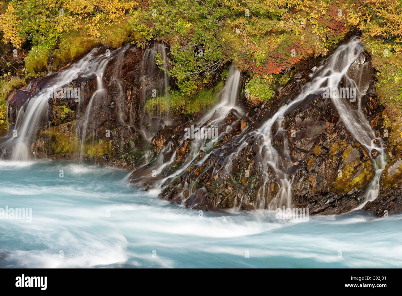 waterfall Hraunfossar, river Hvita, Iceland, Europe Stock Photo