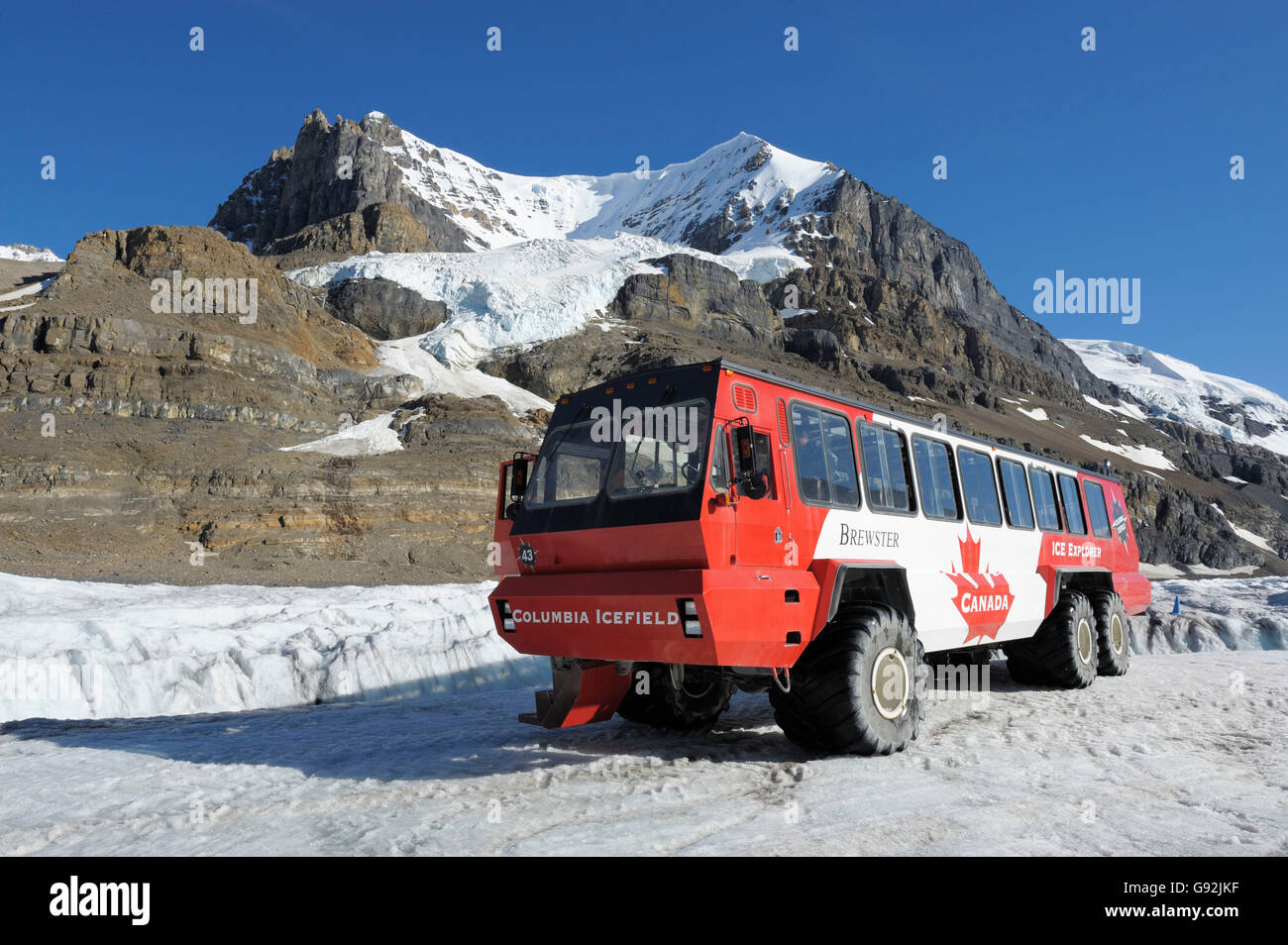 Tour bus of Brewster Transportation Company, Athabasca Glacier, Columbia Icefield, Icefield Parkway, Jasper national park, Alberta, Canada Stock Photo