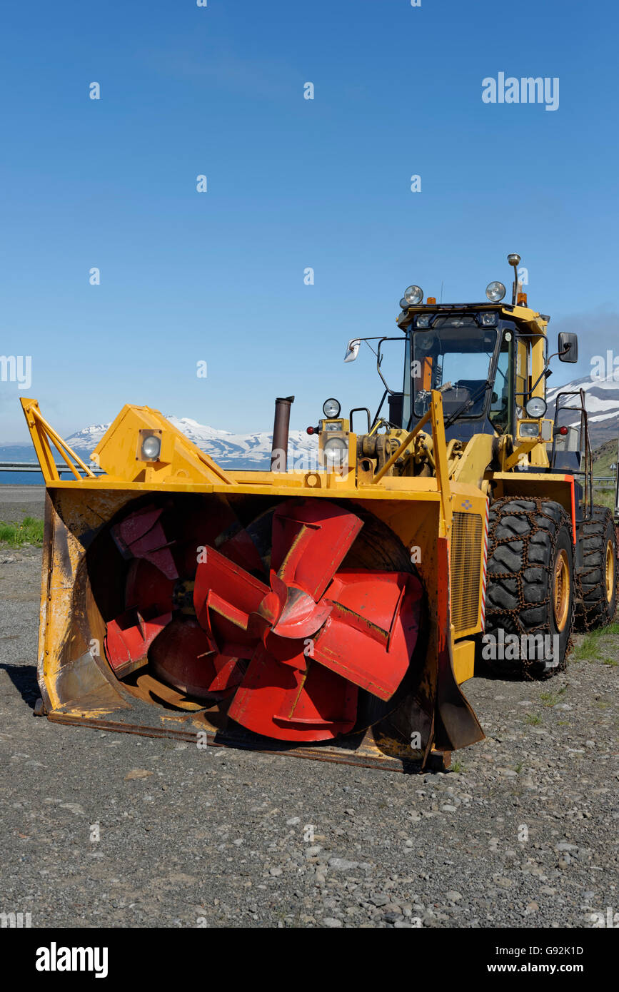 wheel loader with snow blower, ring road, Akureyri area, Iceland, europe Stock Photo