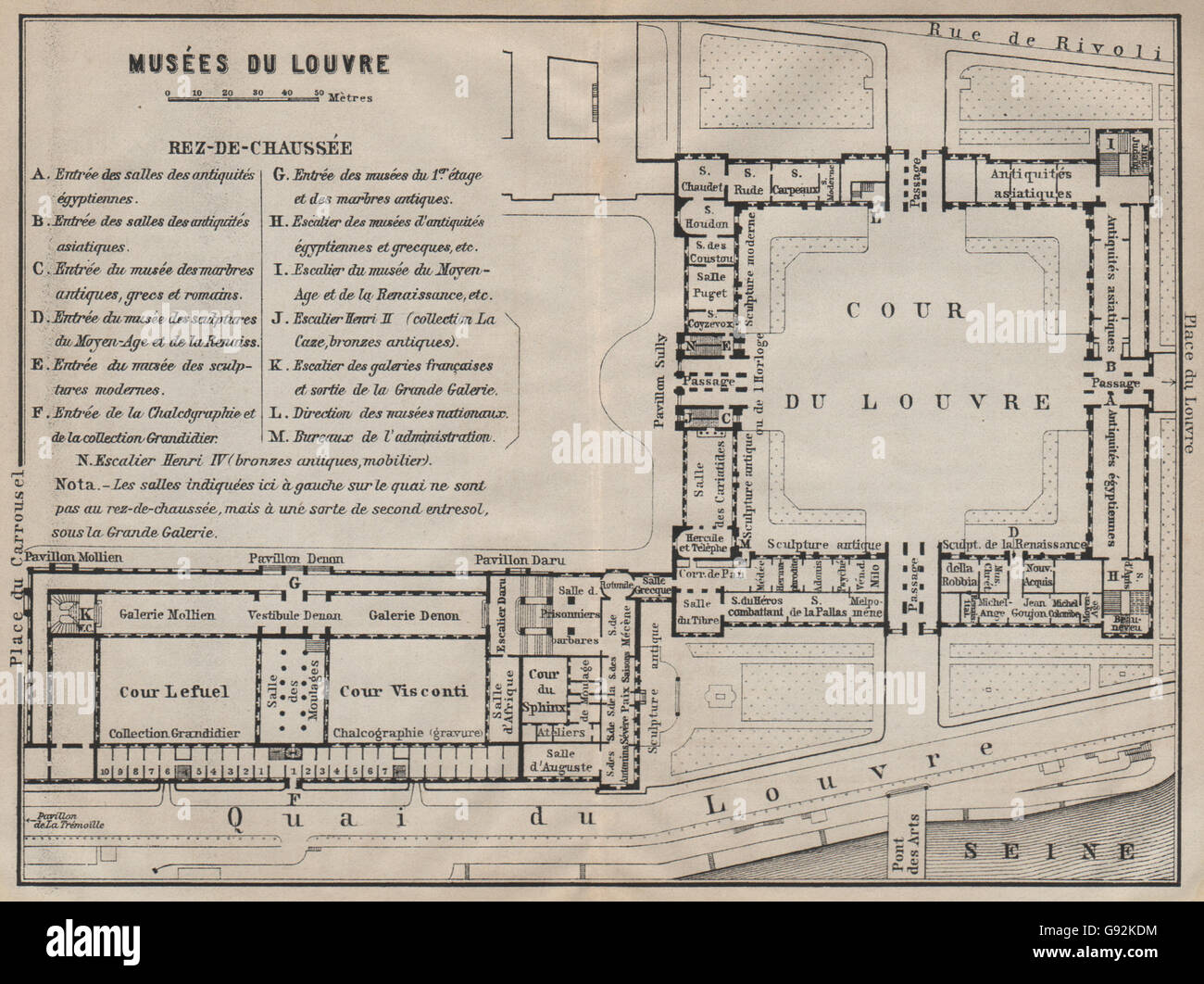 MUSÉES DU LOUVRE; REZ-DE-CHAUSSÉE ground floor plan. Paris carte, 1907 old map Stock Photo - Alamy