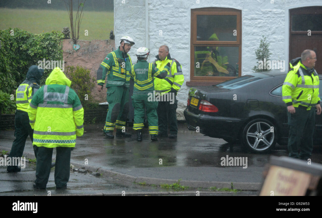 Emergency service personnel pictured during a mountain rescue in the Brecon Beacons. Stock Photo