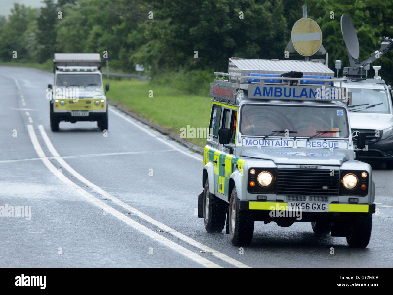Mountain Rescue emergency vehicles during a mountain rescue in the