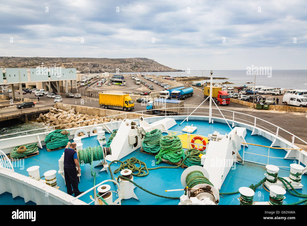 Cirkewwa, Malta - May 06, 2016: Ferries between the islands of Malta and Gozo transports people and cars shuttle system. Stock Photo