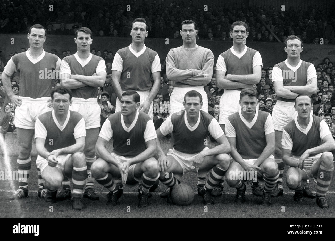 Ipswich Town team photo from the 1961-62 season. Back row, left to right: John Compton, left-back; Bill Baxter, right-half; Andy Nelson, centre-half and captain; Roy Bailey, goalkeeper; John Elsworthy, left-half; and Larry Carberry, right-back. Front row - Roy Stephenson, outside-right; Ray Crawford, centre-forward; Ted Phillips, inside-left; Doug Moran, inside-right; and Jimmy Leadbetter, outside left. Stock Photo