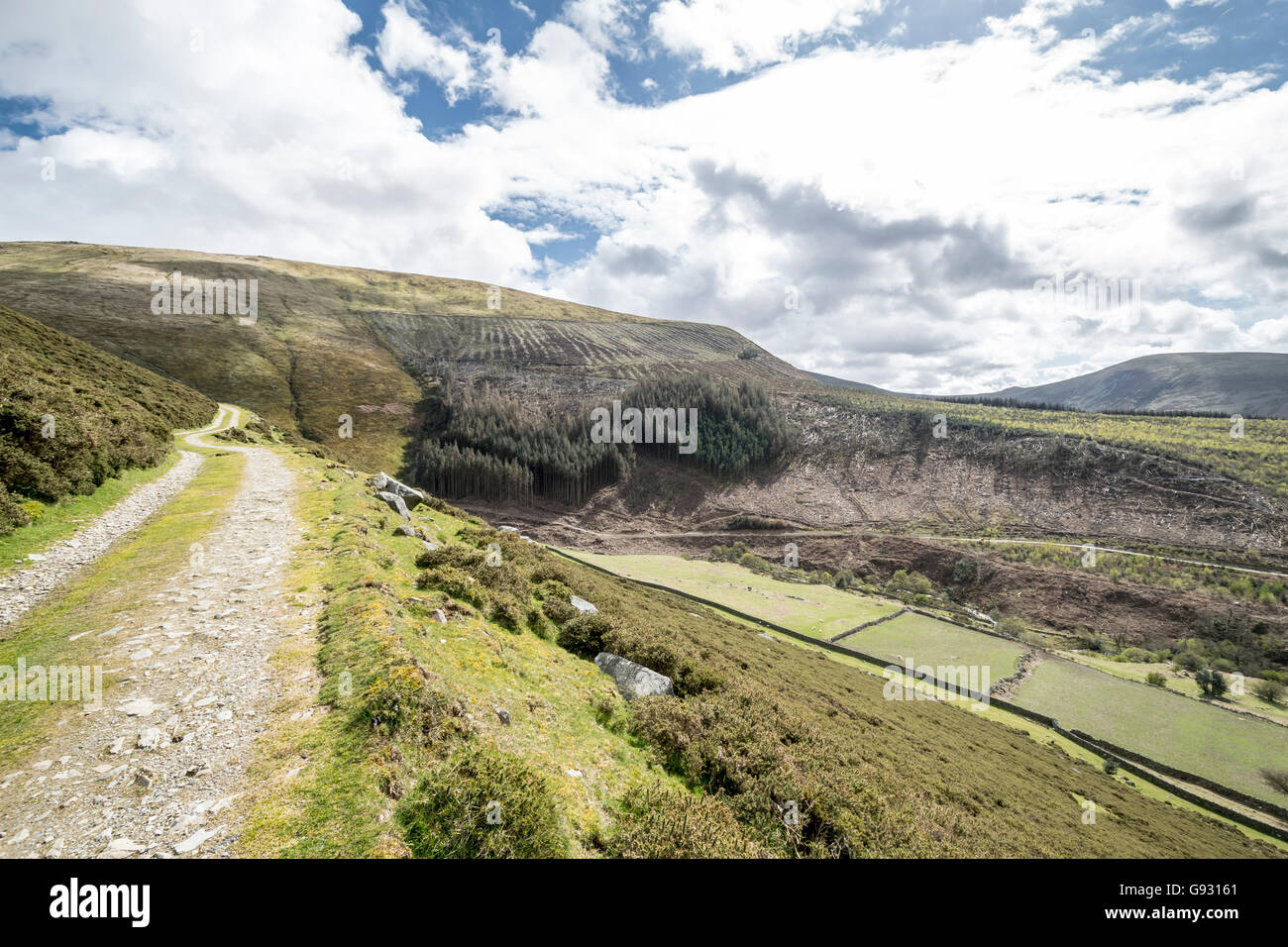 Hills and valley above Abergwyngregyn North Wales coast in the Snowdonia National Park with the Afon Anafon river below Stock Photo