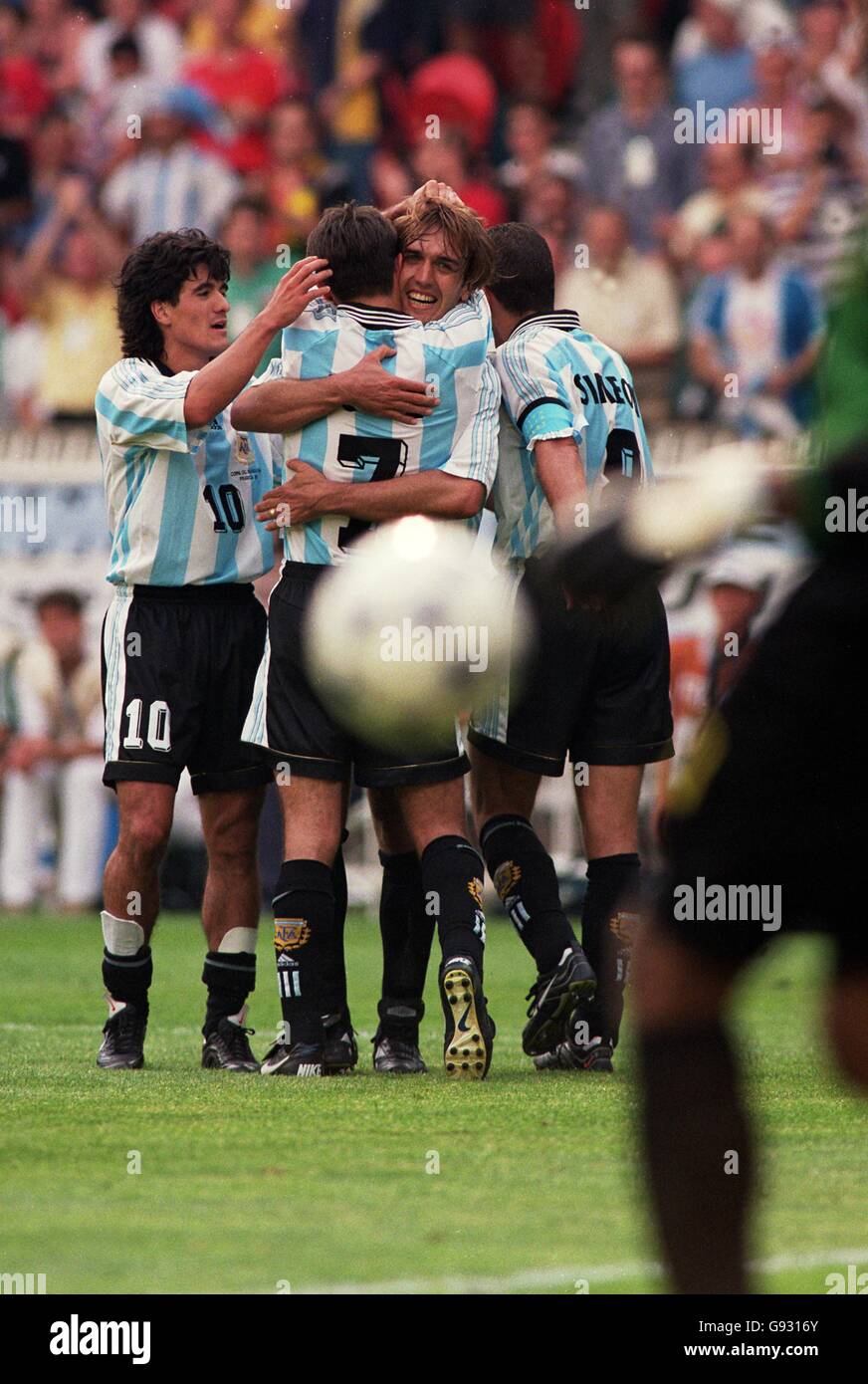 Soccer - World Cup France 98 - Group H - Argentina v Jamaica. Argentina's Gabriel Batistuta (second right) celebrates with teammates Stock Photo