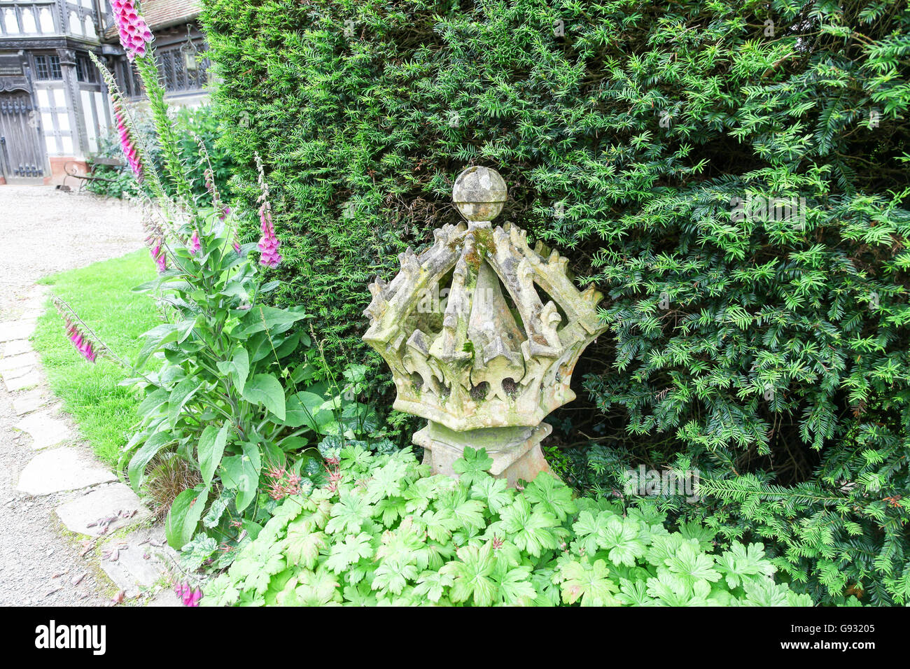 A decorative stone crown in the garden of Wightwick Manor Wolverhampton