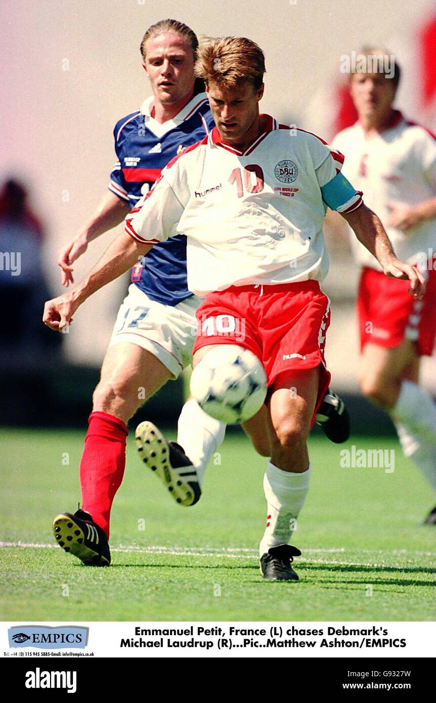 Emmanuel Petit of France (left) chases Denmark's Michael Laudrup (right  Stock Photo - Alamy