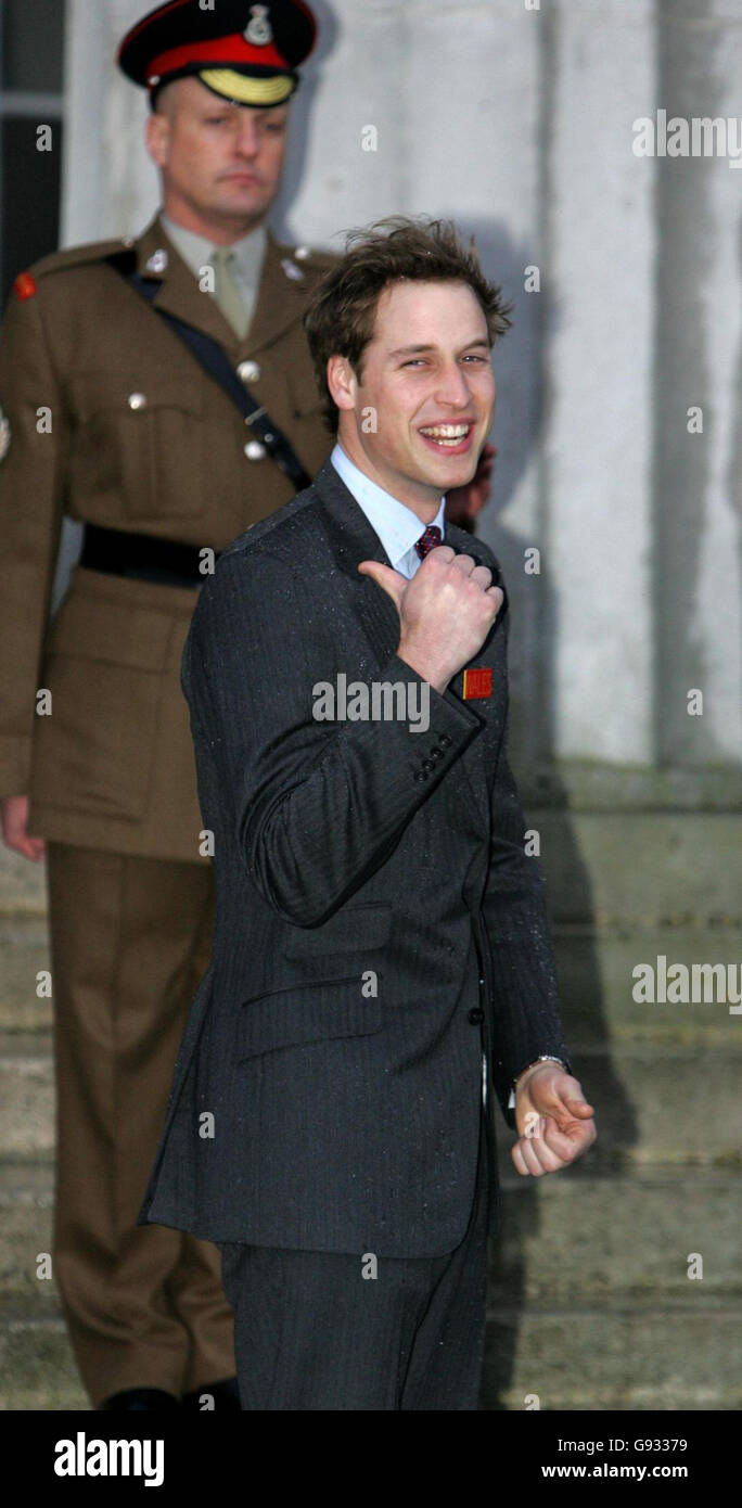 Prince William says good bye to his father, the Prince of Wales at the Royal Military Academy Sandhurst at the start of his Army Officer training Sunday 8th January 2005. See PA story ROYAL William. PRESS ASSOCIATION Photo. Photo credit should read: Tim Ockenden/WPA Rota/PA Stock Photo