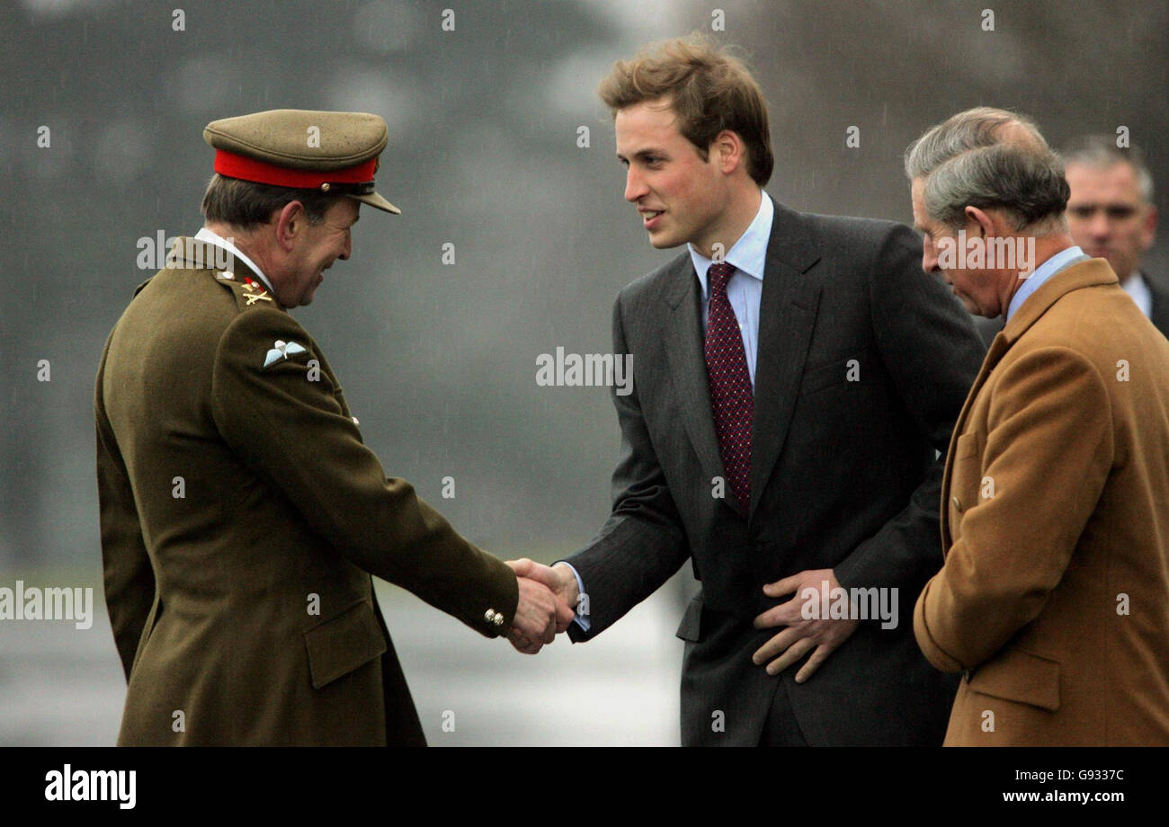 Prince William is greeted by Major General Andrew Ritchie, the Commandant of Sandhurst, as he arrives with his father, the Prince of Wales at the Royal Military Academy Sandhurst at the start of his Army Officer training Sunday 8th January 2005. See PA story ROYAL William. PRESS ASSOCIATION Photo. Photo credit should read: Tim Ockenden/WPA Rota/PA Stock Photo