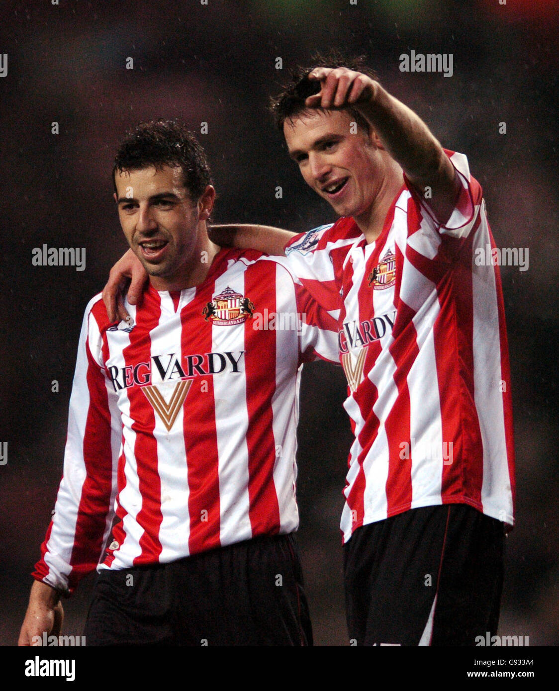 Soccer - FA Cup - Third Round - Sunderland v Northwich Victoria - Stadium of Light. r-l; Sunderland's Anthony Le Tallec is congratulated on scoring by teammate Julio Arca Stock Photo