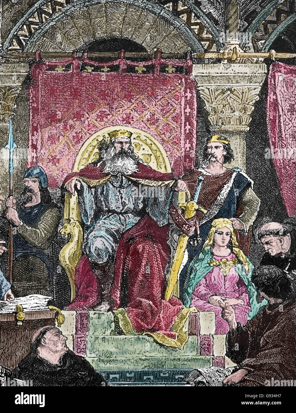 Charlemagne (748-814). Holy Roman Emperor. The King sitting on the throne. Engraving, 19th C. Stock Photo