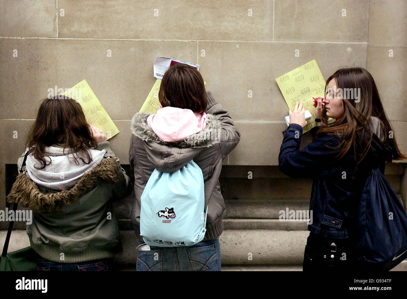 Three of the girls fill in their form as thousands of teenagers brave the chilly weather, in the hope of securing a role in the next Harry Potter film. The teenagers, aged between 13 and 16, waited patiently for auditions to open for the part of trainee wizard Luna Lovegood in Harry Potter And The Order Of The Phoenix. Stock Photo