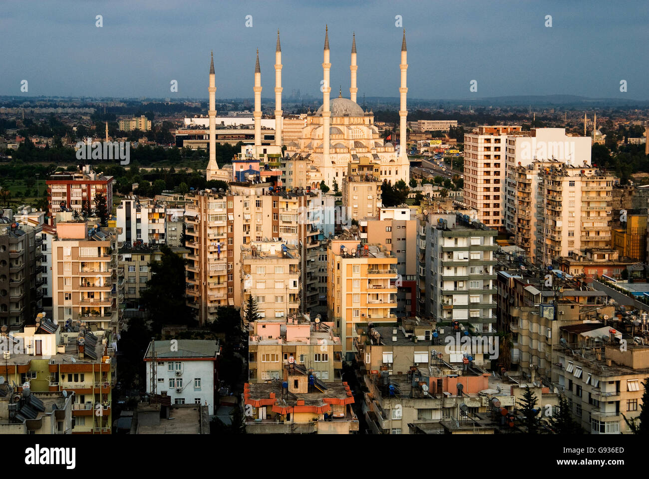 Rapid urbanization and Sabancı Mosque - Adana City Turkey Stock Photo