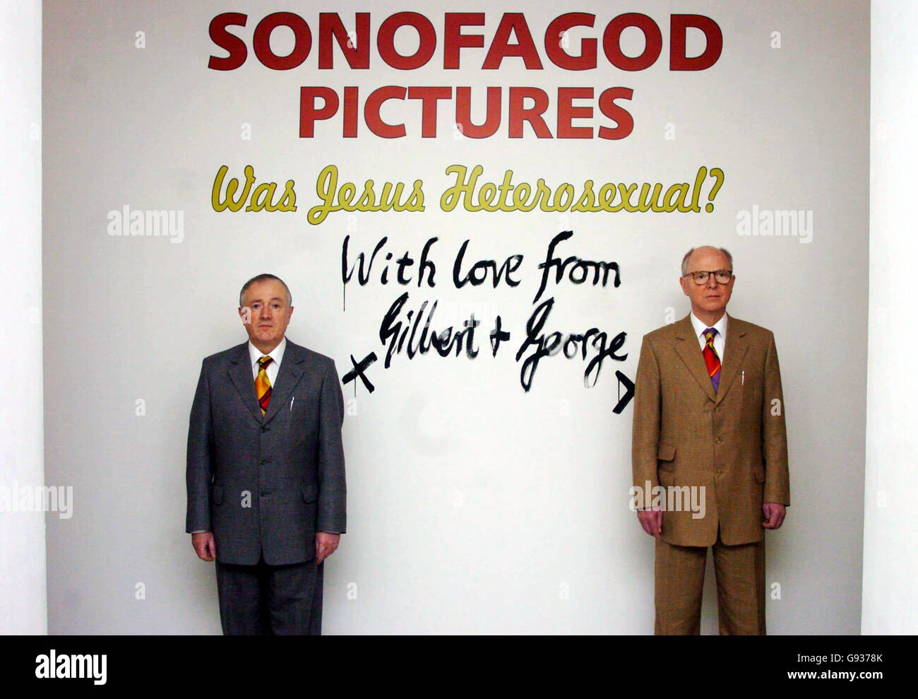 Gilbert (left) & George appear at a press view of their new exhibition 'Sonofagod Pictures Was Jesus Heterosexual?' at White Cube in Hoxton, east London, Thursday January 19, 2006. The exhibition by the infamous duo opens to the public tomorrow and runs until February 25. PRESS ASSOCIATION Photo. Photo credit should read: Johnny Green/PA Stock Photo