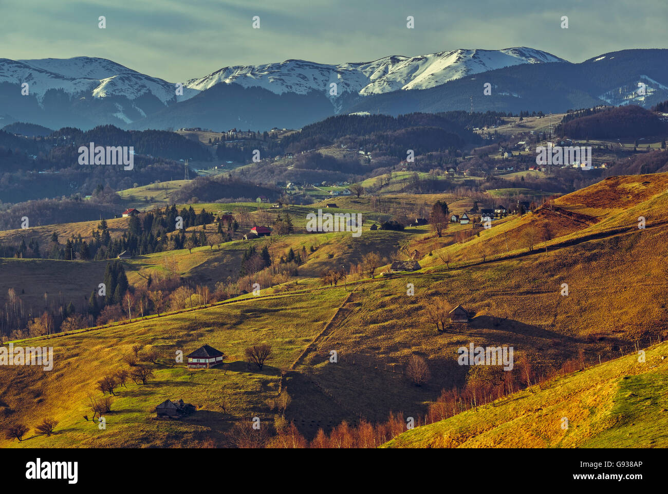 Rural landscape with traditional Romanian scattered houses in the ...
