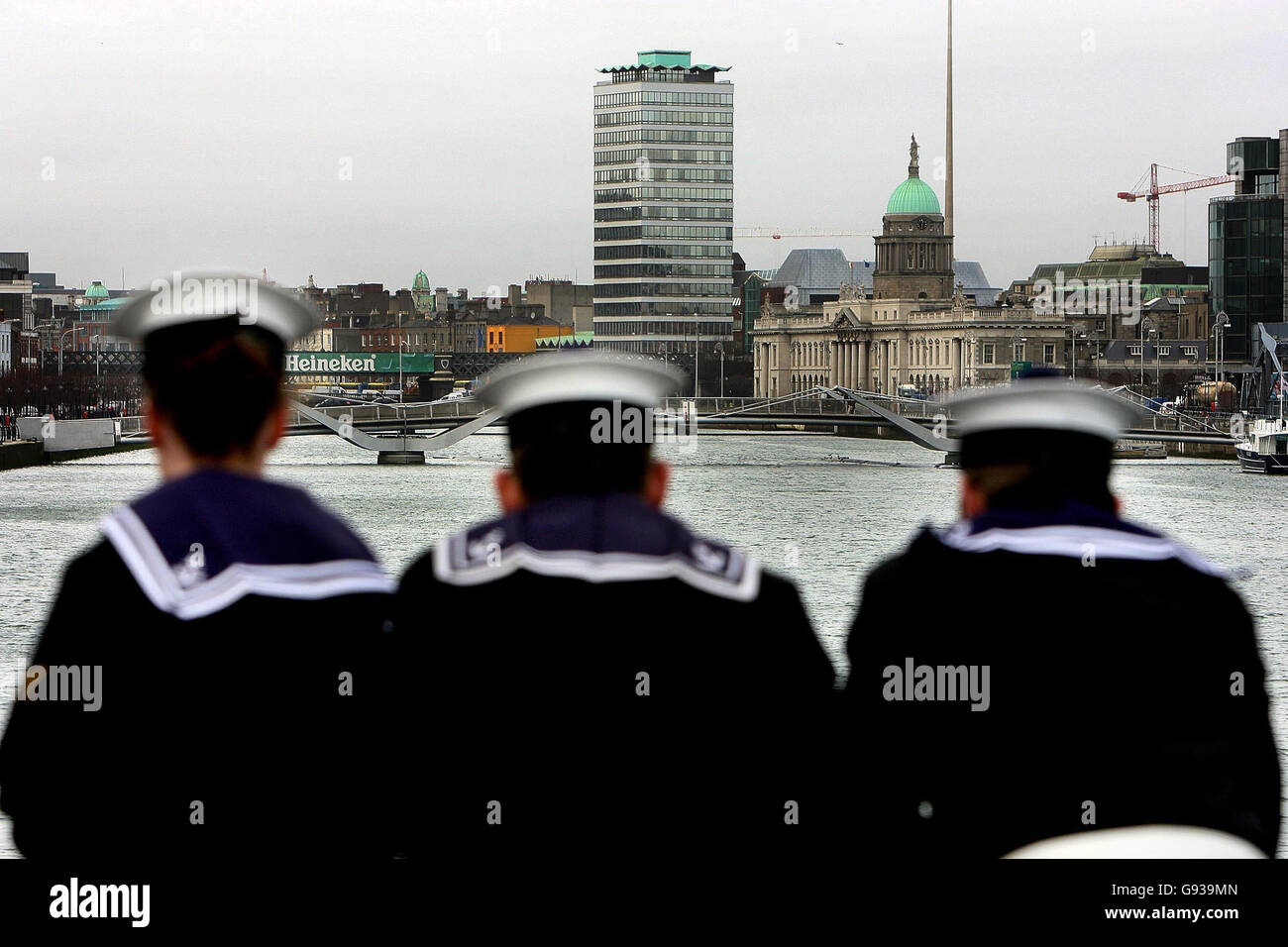 Sailors from the Irish Naval Vessel LE Eithne look back over the Dublin city skyline, Wednesday January 18, 2006, after it was announced that they are being deployed to South America. Commander Mark Mellet will be taking the LE Eithne's helm on next month's voyage to South America where Admiral William Brown's defence of Argentina's shores in 1814 made him a national hero. See PA Story SOCIAL Argentina Ireland. PRESS ASSOCIATION Photo. Photo credit should read: Julien Behal/PA Stock Photo