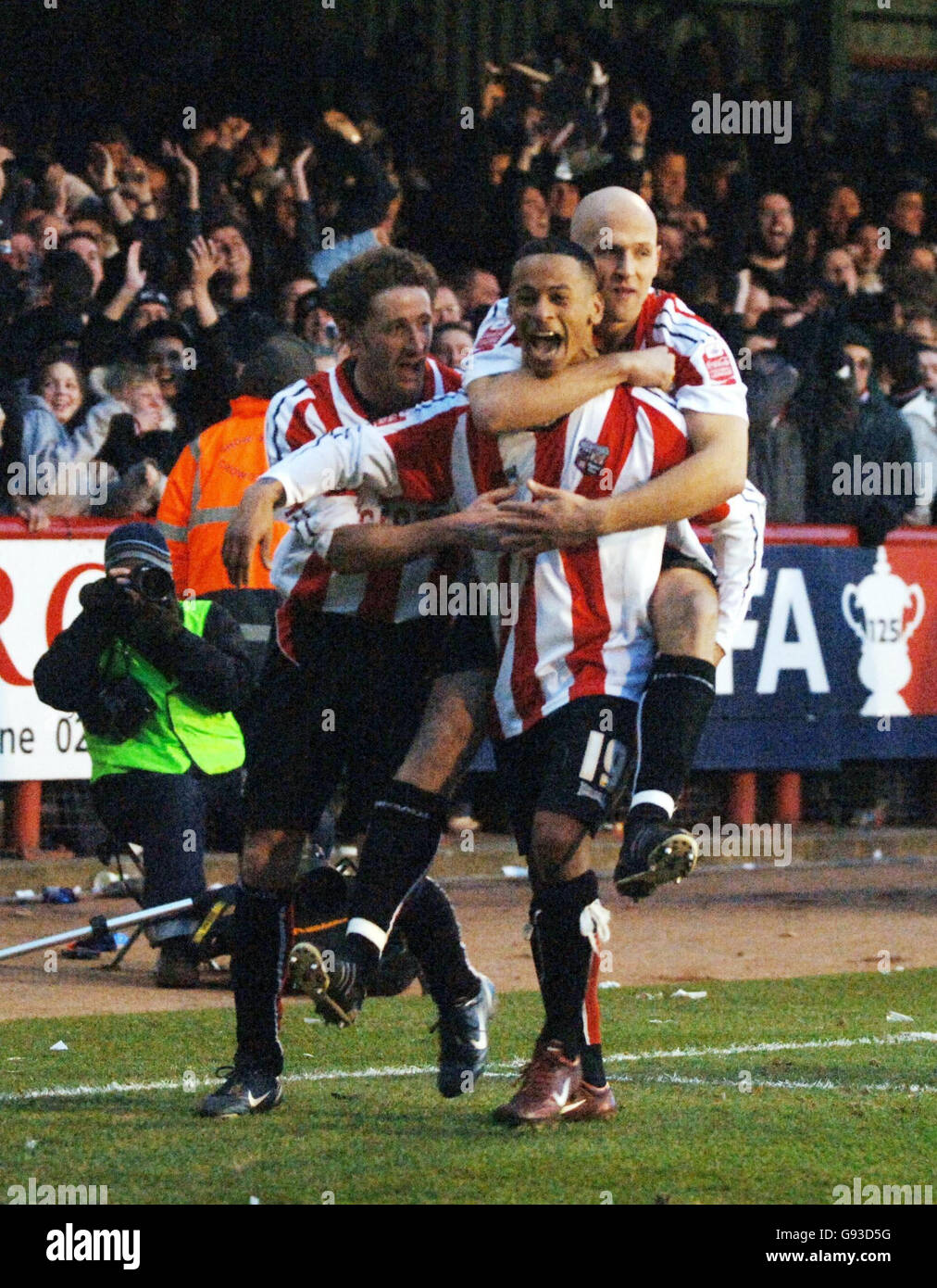Brentford's DJ Campbell (C) celebrates his second goal during the FA