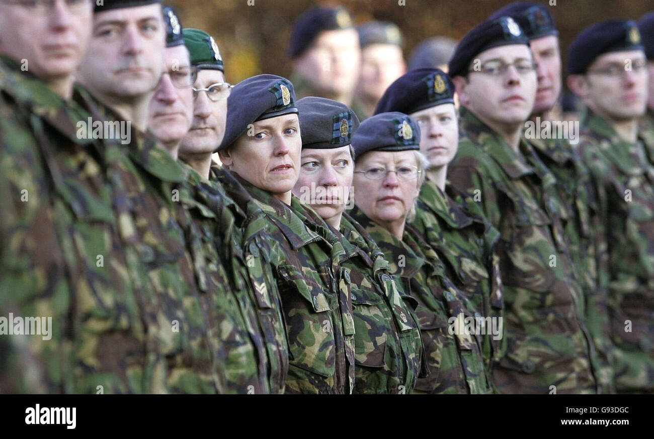 Army medics from 205 (Scottish) Field Hospital (Volunteers) await Major General Euan Loudon CBE, the General Officer Commanding the Army's 2nd Division, who is handing out medals to 71 army medics from following their service in Iraq during a medal parade at Redfrod Barracks in Edinburgh, Sunday January 29, 2006. See PA Story SCOTLAND Medal. PRESS ASSOCAITION Photo. Photo credit should read: Andrew Milligan/PA Stock Photo