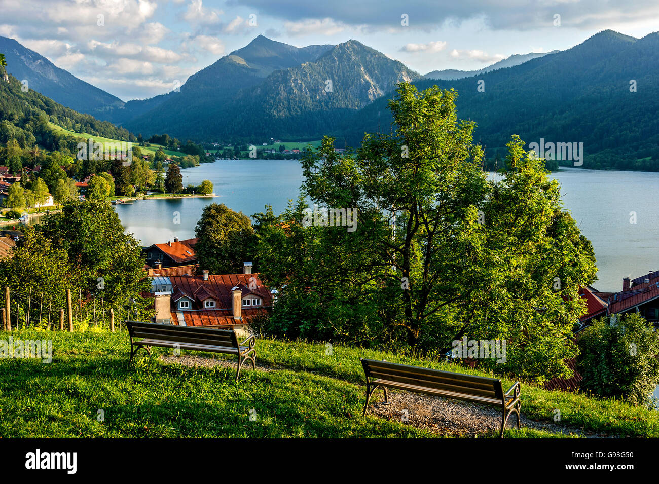 View of the village and Schliersee, Brecherspitz Mountain, Schliersee Mountains, Mangfall Mountains, Bavarian Pre-Alps Stock Photo