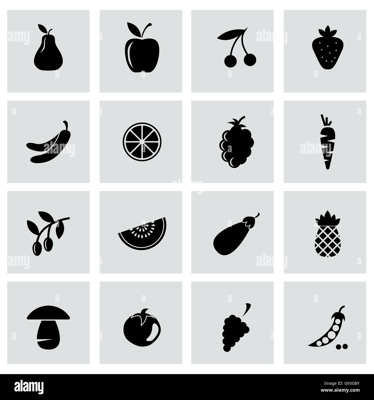 Vector black fruit and vegetables icons set Stock Vector Image & Art ...