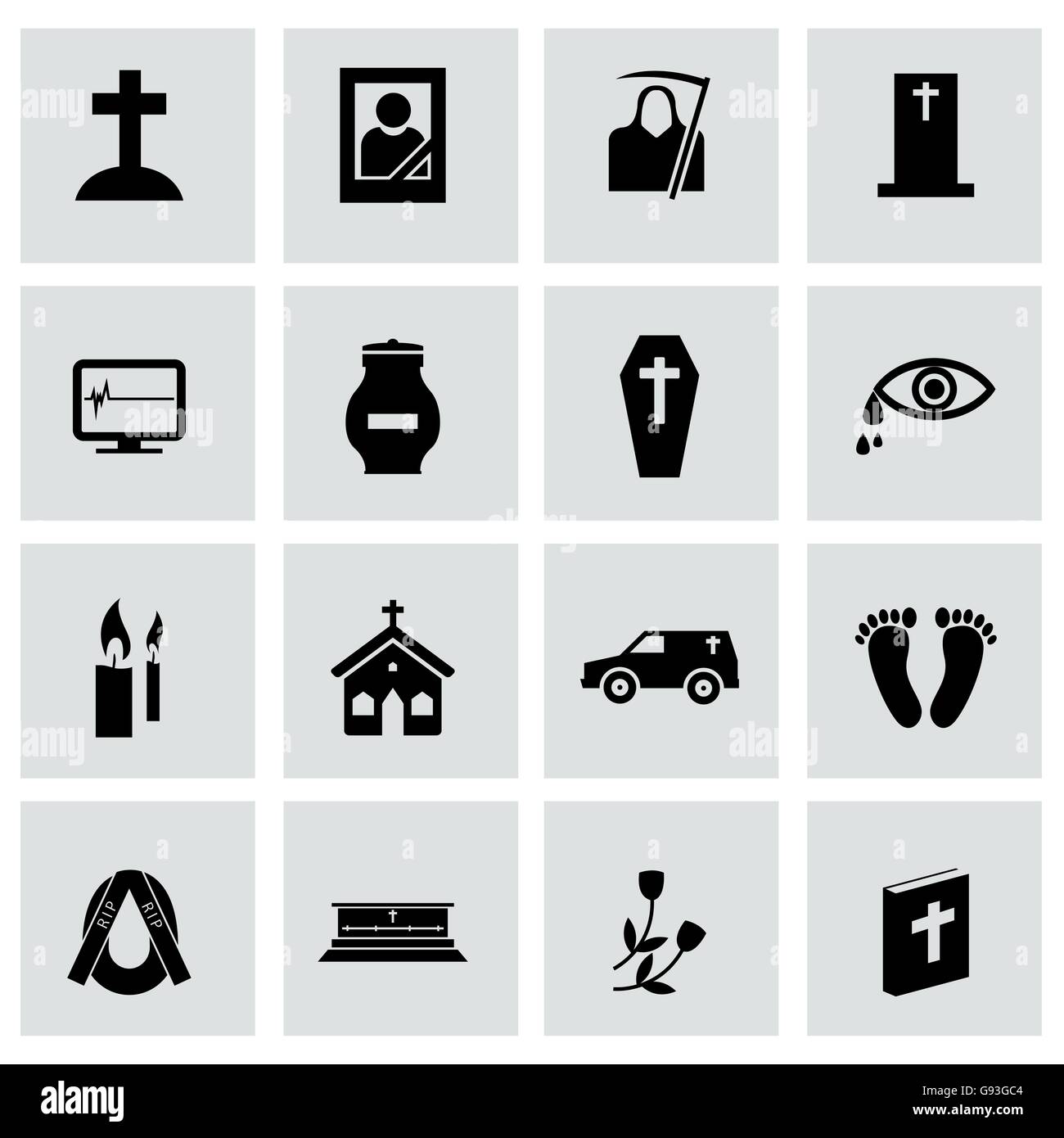 Vector black funeral icons set Stock Vector