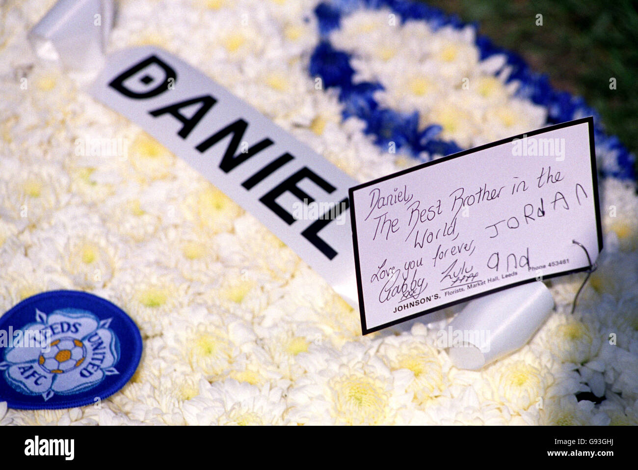 A wreath for Danny Yorath from his brother Jordan and sisters Gabby and  Louise at his funeral in Leeds Stock Photo - Alamy