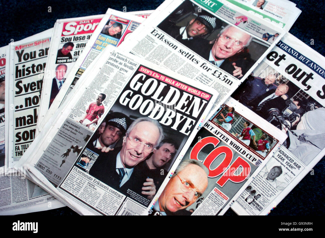 England manager Sven Goran Eriksson makes the backpages of the British Press, following the mutual decision to cut short his contract with the Football Association by two years Stock Photo