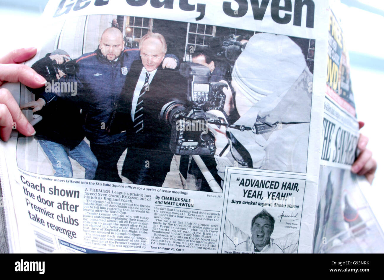 England manager Sven Goran Eriksson makes the backpages of the British Press, following the mutual decision to cut short his contract with the Football Association by two years Stock Photo