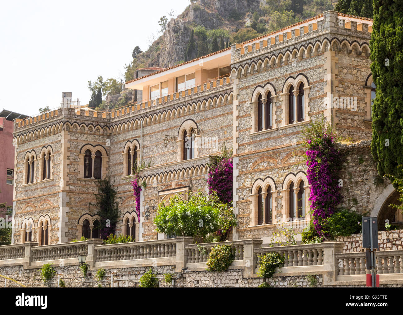 Beautiful villa with bougainvillea, Taormina, Sicily Stock Photo