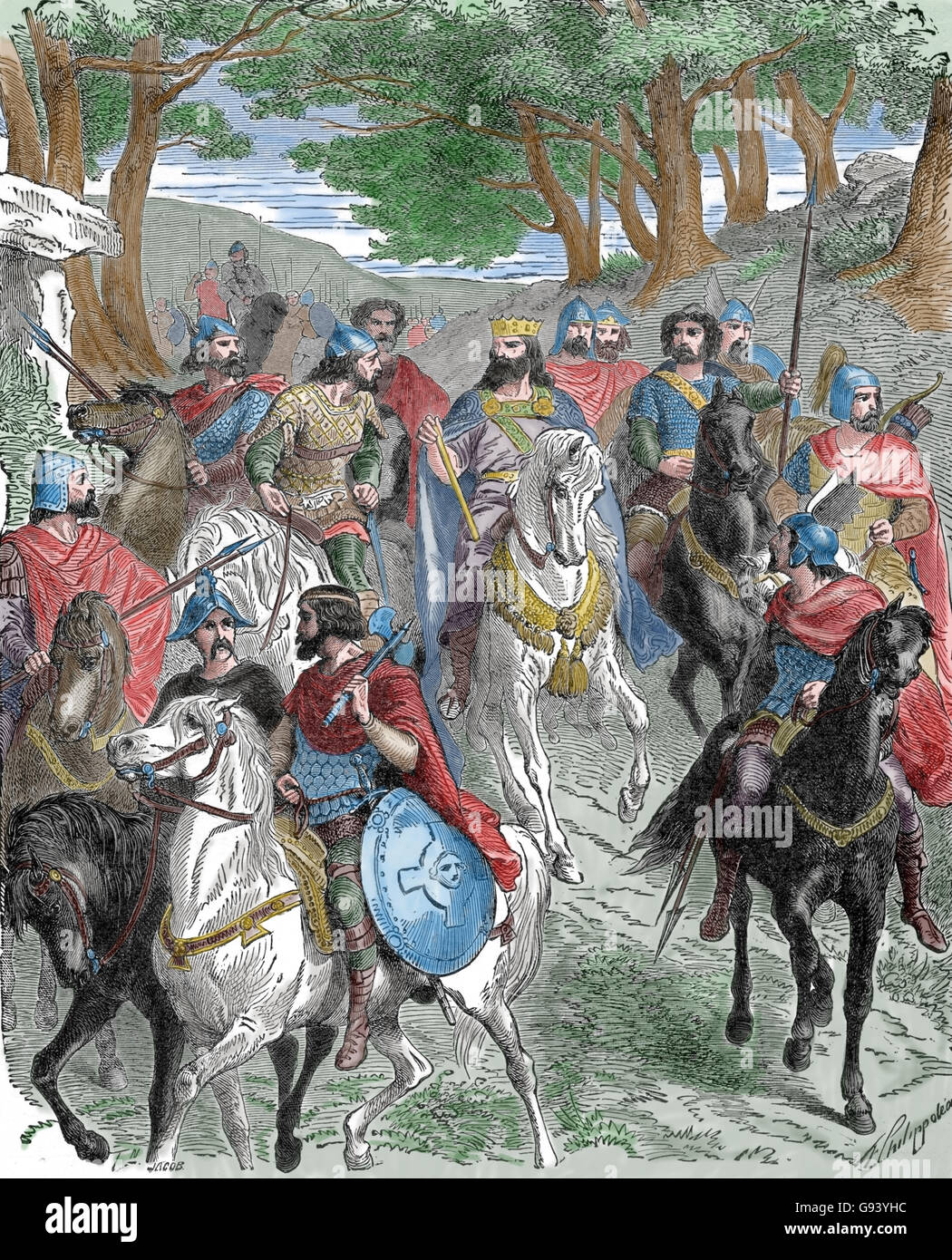 Charlemagne (742-748) King of the Franks. Engraving. Charlemagne and his nobles ride on horseback. Color. 19th century. Stock Photo