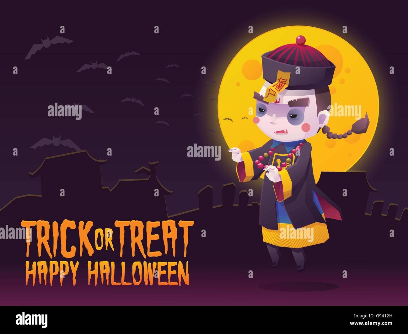 Vector Illustration of Chinese Hopping Vampire Ghost for Halloween Trick or Treat Greeting Card Stock Vector