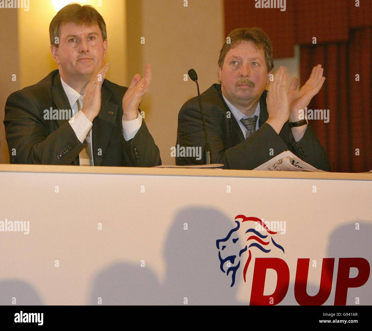 Democratic Unionist Party's Jeffrey Donaldson MP (left) with Sammy Wilson MP at their party's annual conference in Belfast, Saturday February 4, 2006. See PA Story ULSTER DUP. PRESS ASSOCIATION Photo. Photo credit should read: Paul Faith/PA Stock Photo